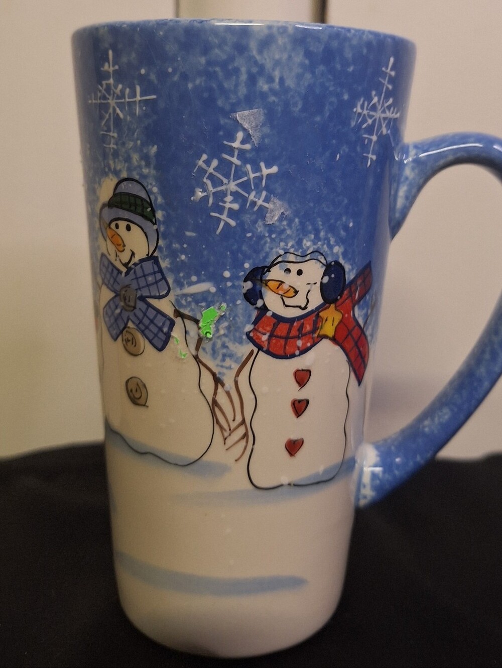 Sonoma Blue 4 Snowmen Ceramic Mug with Holiday Accents Tall 6" Mug